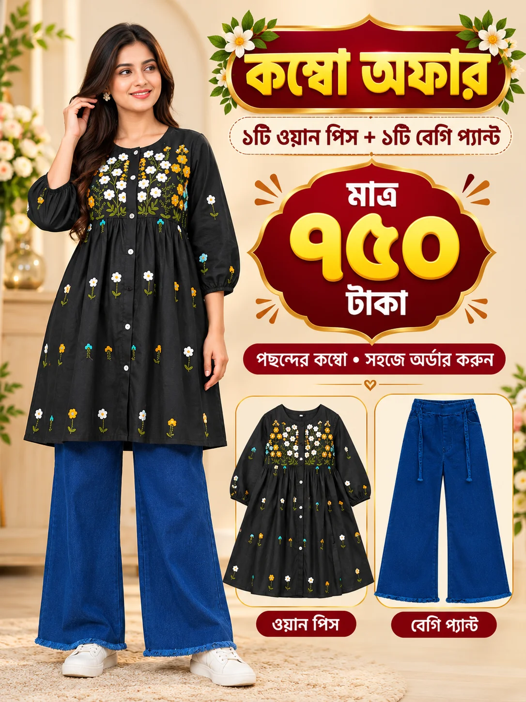 স্টাইলিশ ওয়ান পিস + ডেনিম বেগি প্যান্ট কম্বো