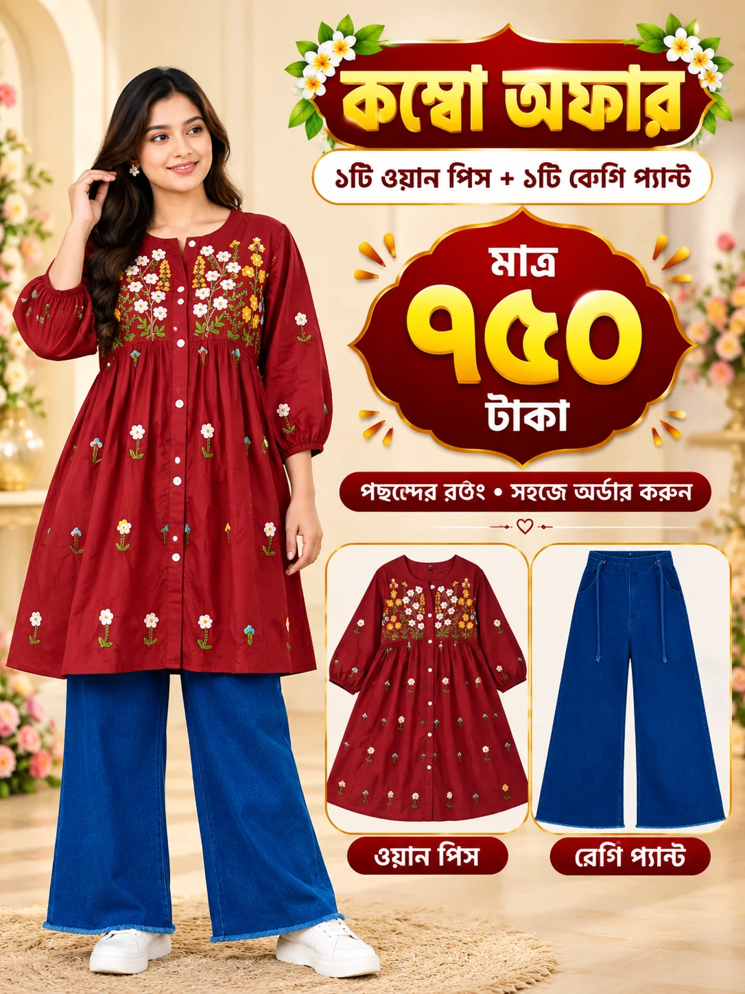 স্টাইলিশ ওয়ান পিস + ডেনিম বেগি প্যান্ট কম্বো